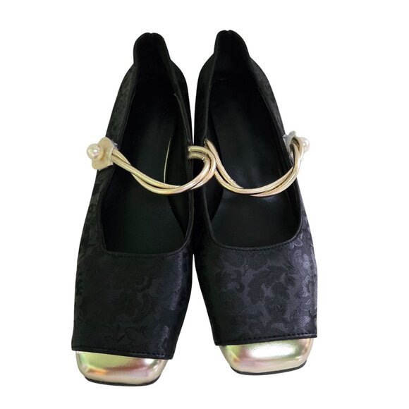 Jaquard Satin Gold Block Heel Cap Toe Pearl Detail Maryjane Shoes Size 40/9.5 - Picture 4 of 10